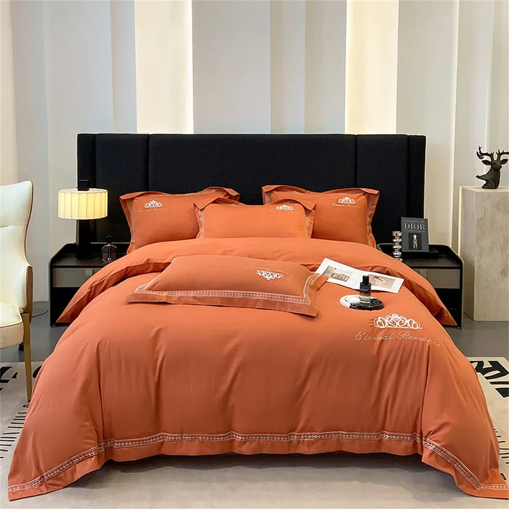 

Svetanya 1200TC Orange Egyptian Cotton Bedding Set 4pcs King Queen Size Solid Sheet Duvet Cover Pillowcase Bed Linens