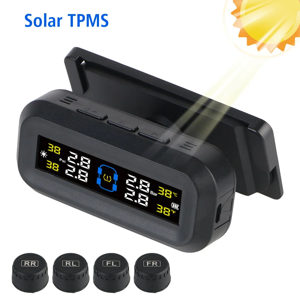 

Car TPMS Solar USB Powered Tire Pressure Monitoring System Digital LCD Display Tyre Temperature Monitor Auto Security Alarm