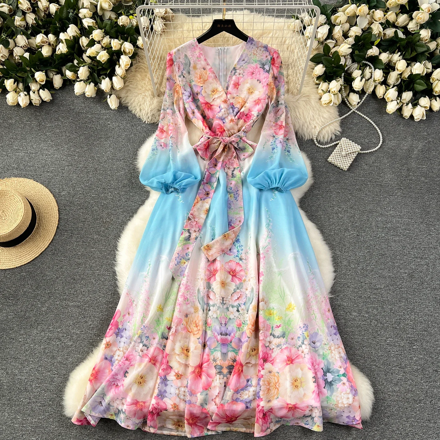 

Sexy Lace-up Lantern Sleeve Sweet Floral Print Chiffon Maxi Dress Women Bow Blet Waist Birthday Party Beach Vacation Dresses