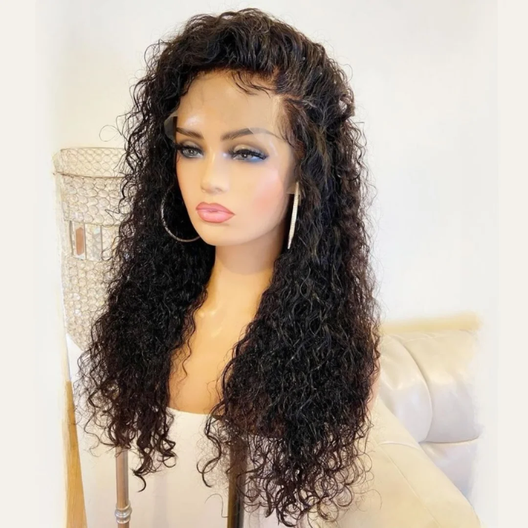 ソフト 26 インチ ナチュラル ブラック キンキー カーリー ロング 180 密度 レース フロントウィッグ 女性用 ベビーヘア付き プレプラックド 合成 グルーレス