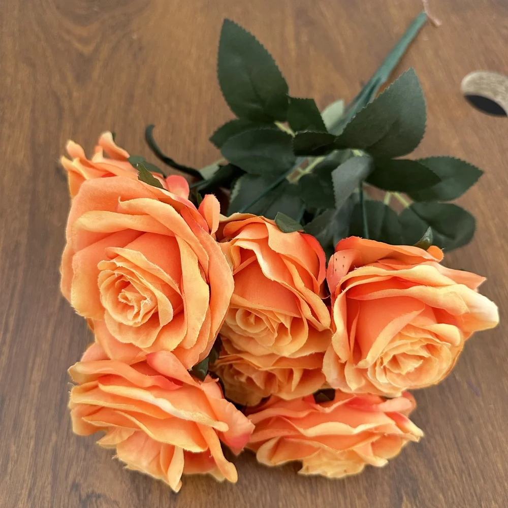 9 Köpfe Seidenrosen Blumenstrauß Künstliche Blume Orange Gelb Brautrose Gefälschte Rose Wohnzimmerdekoration Hochzeit Valentinstag – Detail 10