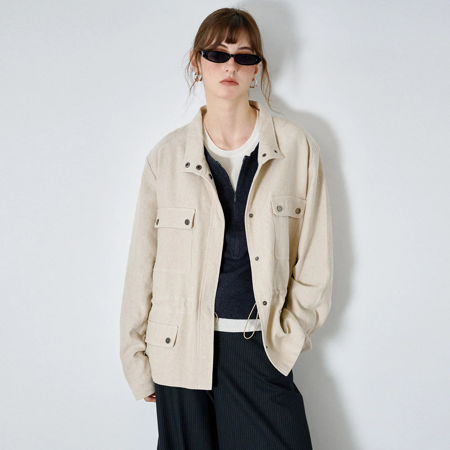 Jingxue Old Money Style Linen Tooling Jacket For Women And Men Of The Same Style, Simple Small Stand-up Collar Design Cotton