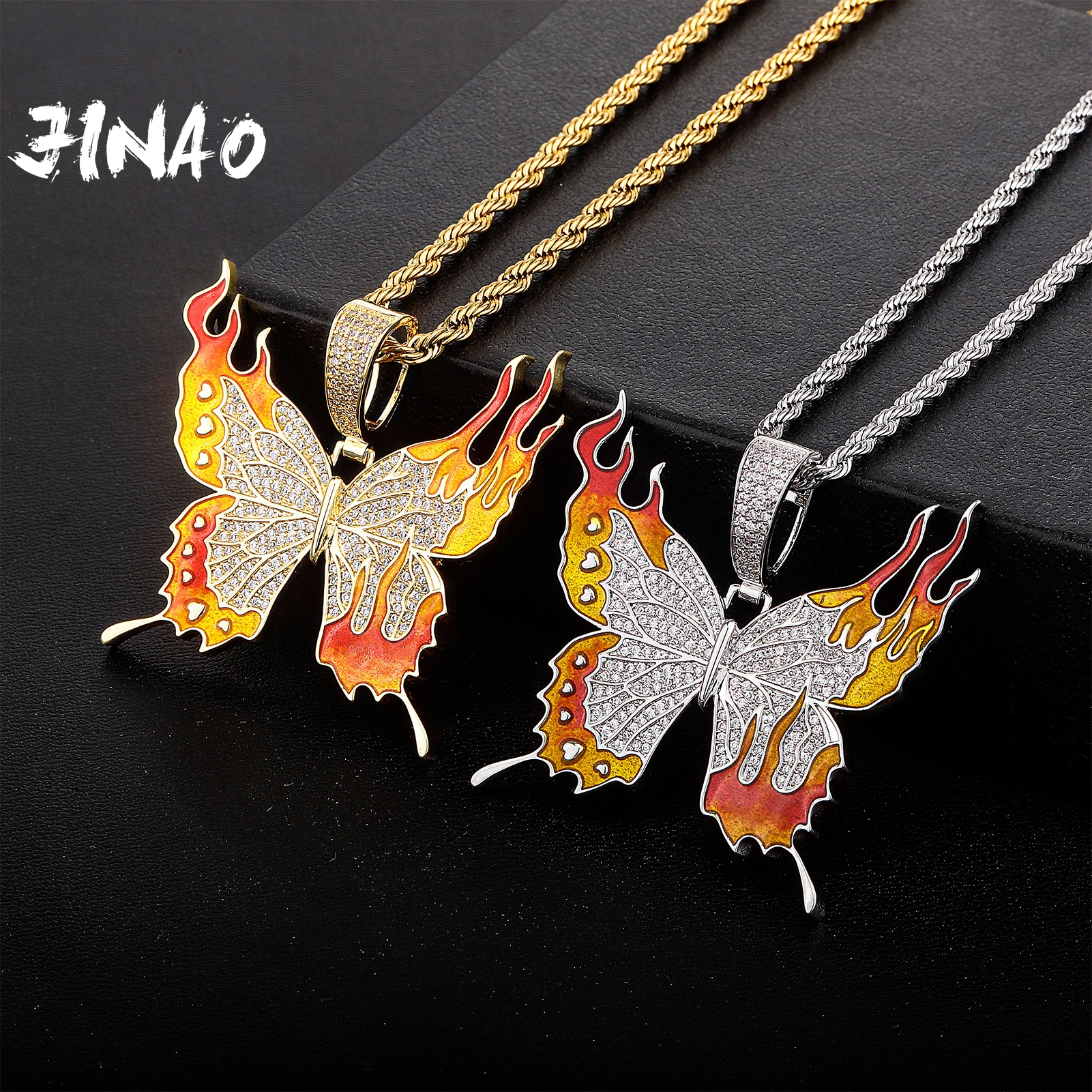 

JINAO Dripping Oil Flame Wings Design Butterfly Pendant&Necklace High Quality Ice Cravejado AAA+ CZ Men and Women Jewelry