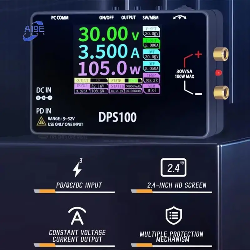 

A19E-DPS100 30 В 5 А Портативный источник питания постоянного тока Выход 100 Вт Цифровой регулируемый стабилизированный источник питания постоянного тока с ЧПУ Тип-C Вход постоянного тока