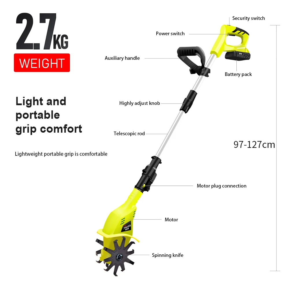 20v lítio elétrico rotativo leme mini cultivador microplough afrouxador leve agrícola solo turner enxada elétrica