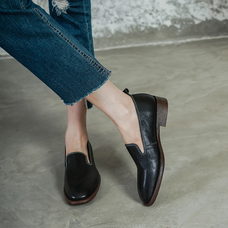 Smallhut novo 2026 tendência primavera genuíno couro de vaca mocassins rua estilo feminino marrom preto sapatos dedo do pé redondo retro baixo bloco s