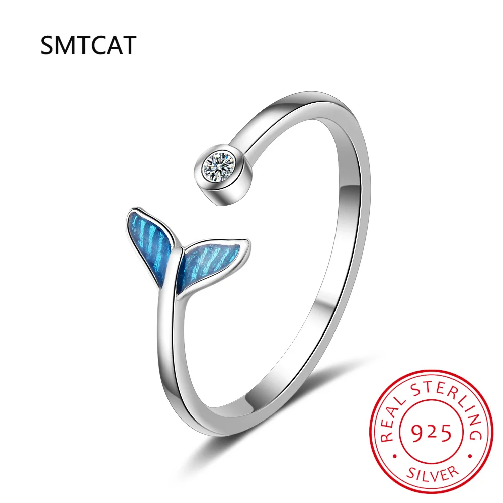 925 Sterling Silver Cute Mermaid Fish Tail Ring Stacking Finger Ring, Animals Adjustable Open Rings Birthday Gift BSR674-E