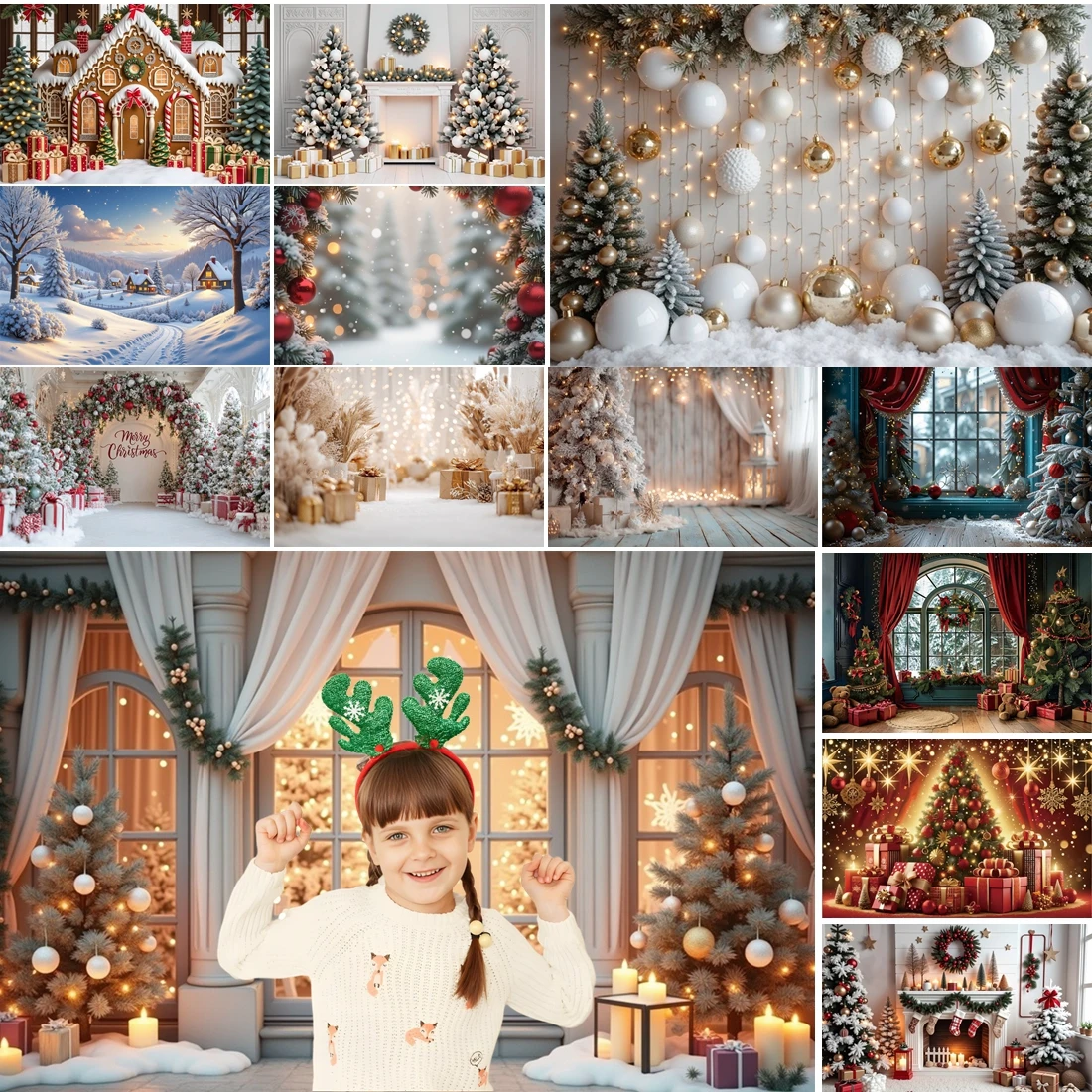 

MOON.QG Christmas 2025 New Year Xmas Trees House Window Curtain Background Backdrop Child Photography Decoration Wall Photobooth