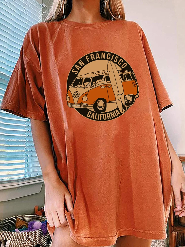 Seeyoushy Drop Shoulder Graphic Tee Vintage Bus San Francisco California Print Funny Tshirt Half Sleeve Loose Long Summer Tops