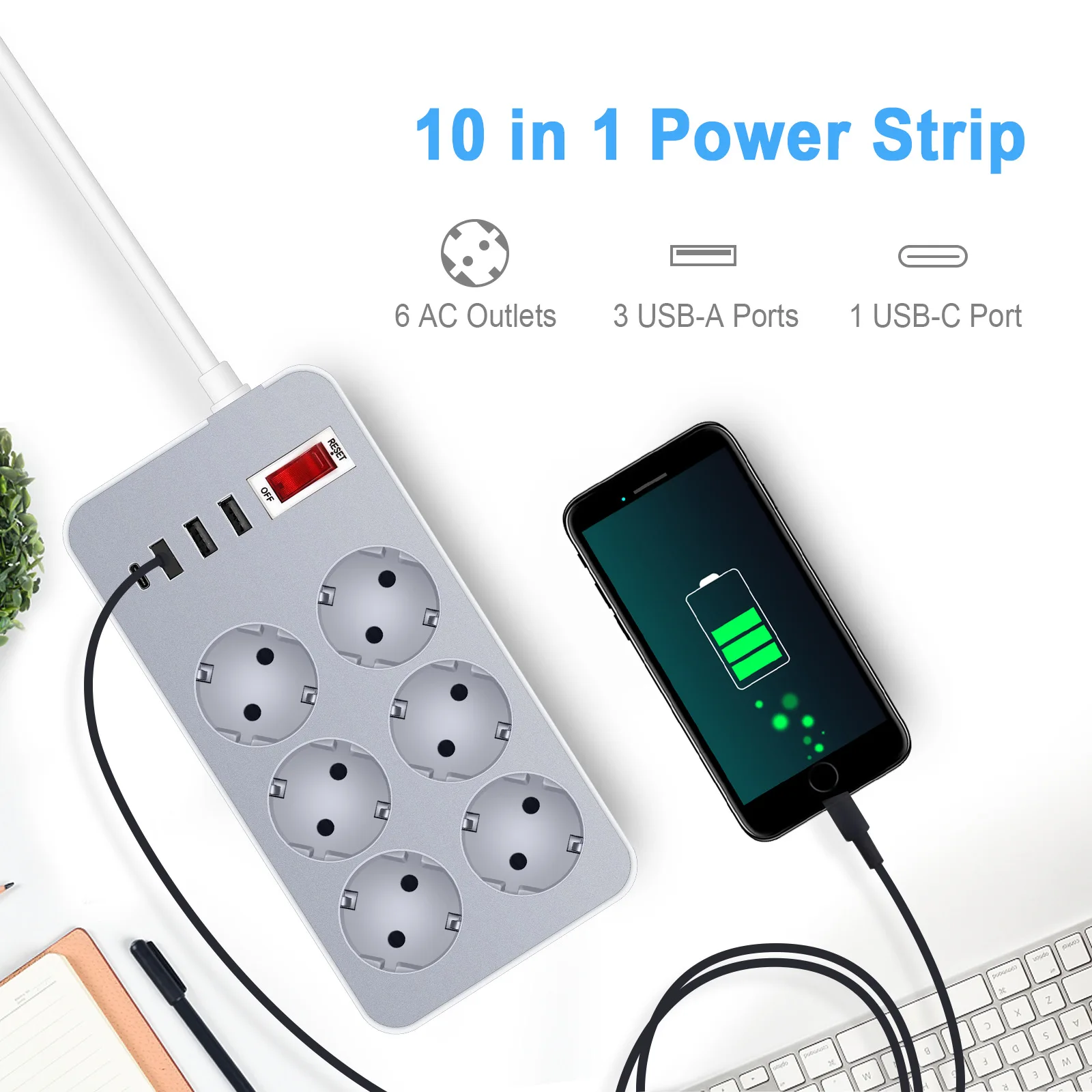 EU Standard Power Strip Multitap Extension Cord Electrical Socket with 6 AC 3 USB 1 Type C Fast Charge Multiprise Outlets Black