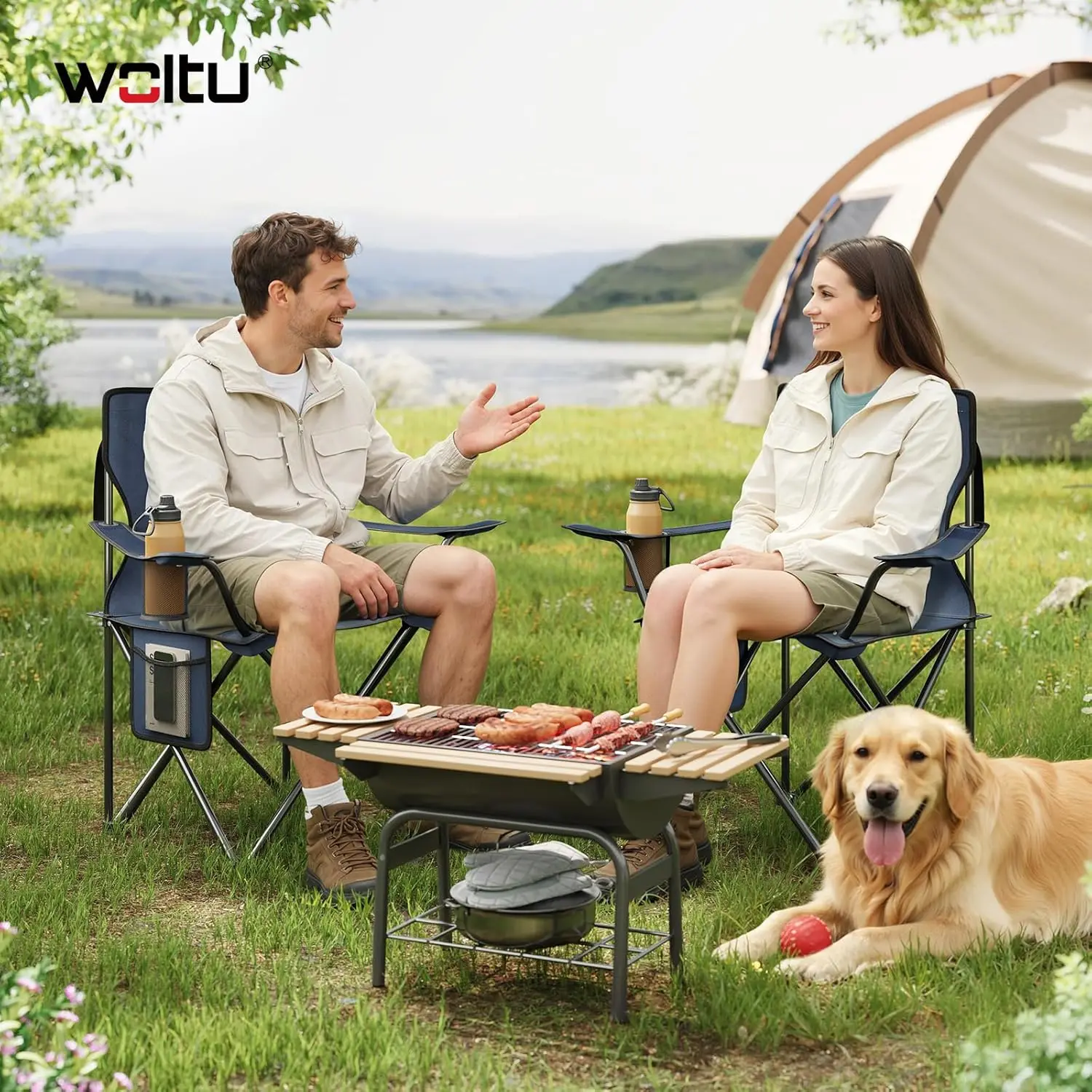 WOLTU 2 Stück/Set Outdoor-Strand-Campingstuhl mit Tragetaschen, Getränkehalter, Seitentasche für Camping, Angeln, Picknicks, Garten