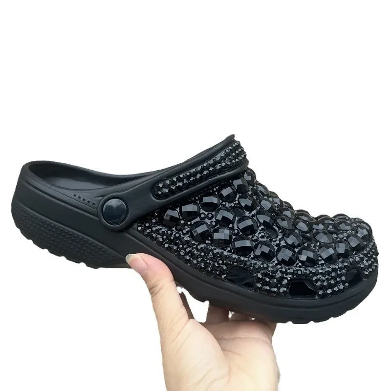 

Новые простые черные туфли из ЭВА, женские летние сандалии ручной работы, инкрустированные бриллиантами, женские тапочки