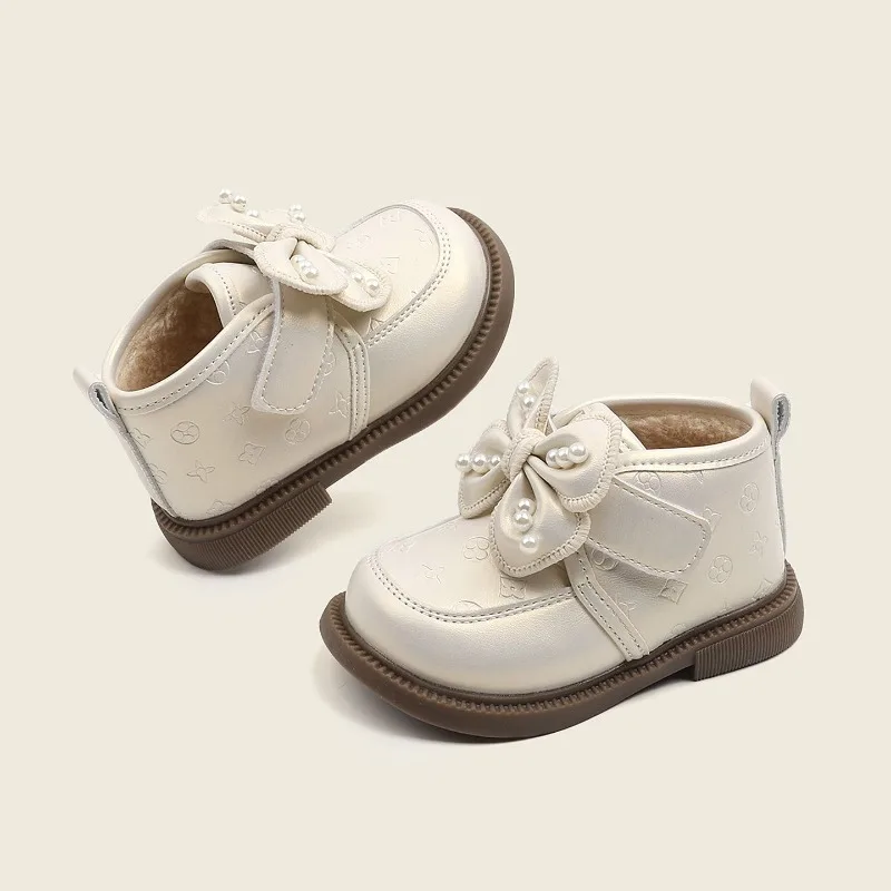 

Girl's Winter Short Boots New Arrival Soft Sole Fleece Lined Children's Mid Season Warm Boots with Silver Bow Decoration