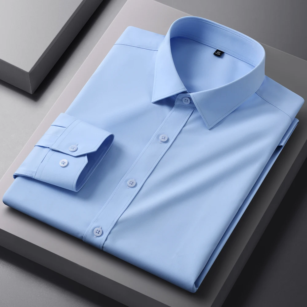 

Мужская однотонная классическая рубашка с длинным рукавом и 4 направлениями, не морщин, без карманов для бизнеса, удобные рубашки на пуговицах стандартного кроя