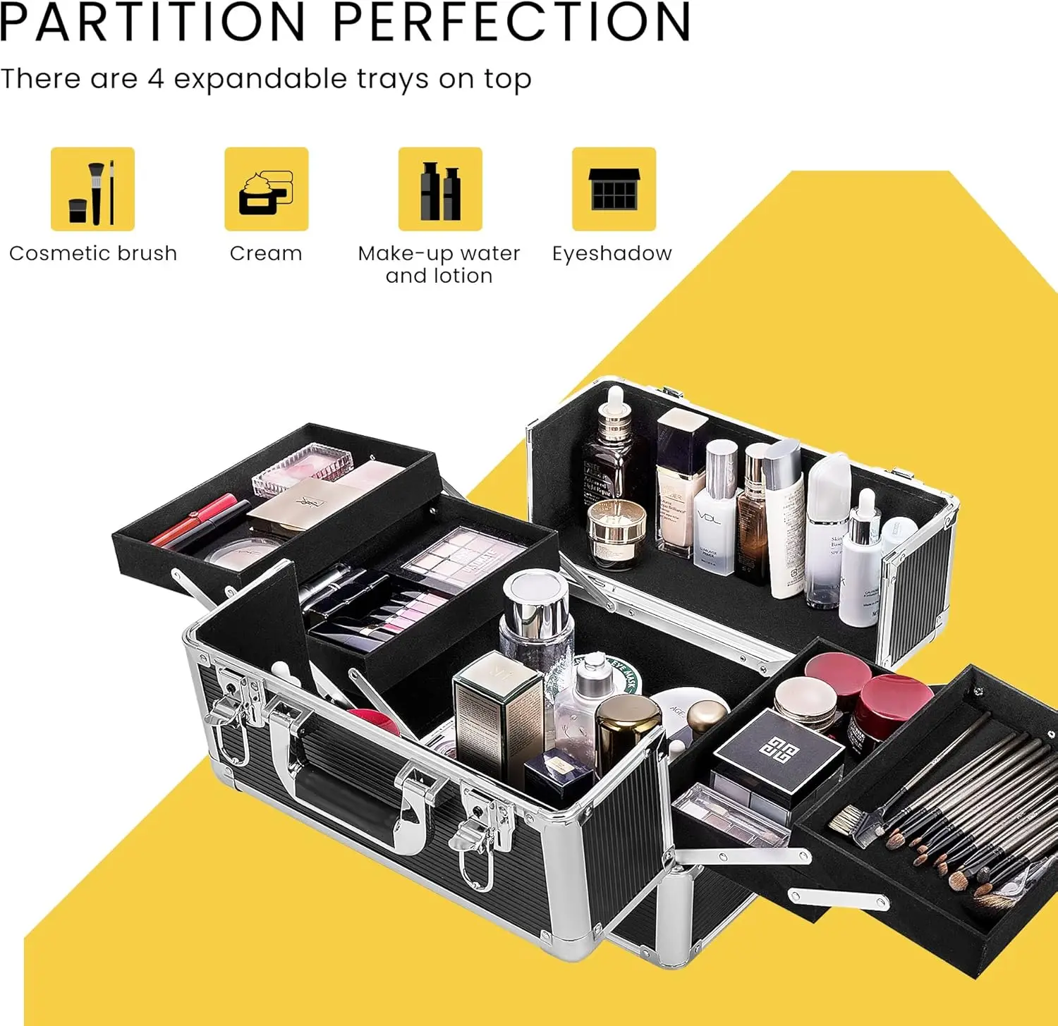 4 in 1 Makeup Rolling Train Case Aluminum Trolley Professional Cosmetic Organizer Box with Shoulder Straps 2 Keys Black