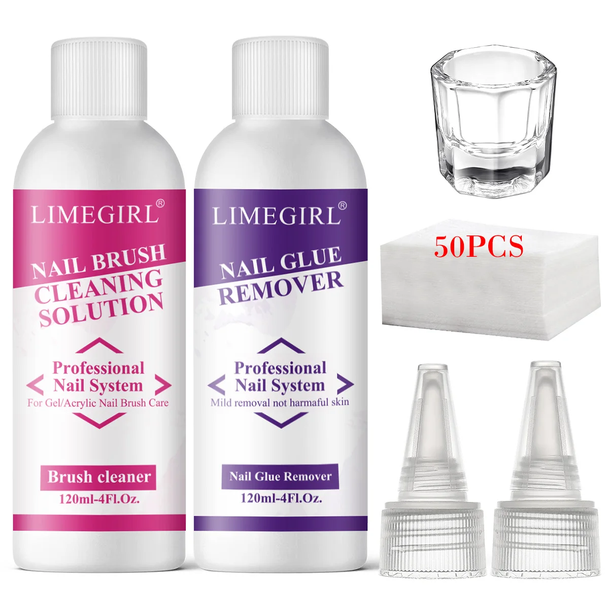 

LIMEGIRL Nail Brush Cleaning Solution for Quickly Clean Gel Nail Brushes Paint Brushe Art Tools With 120ML Nail Glue Remover Set
