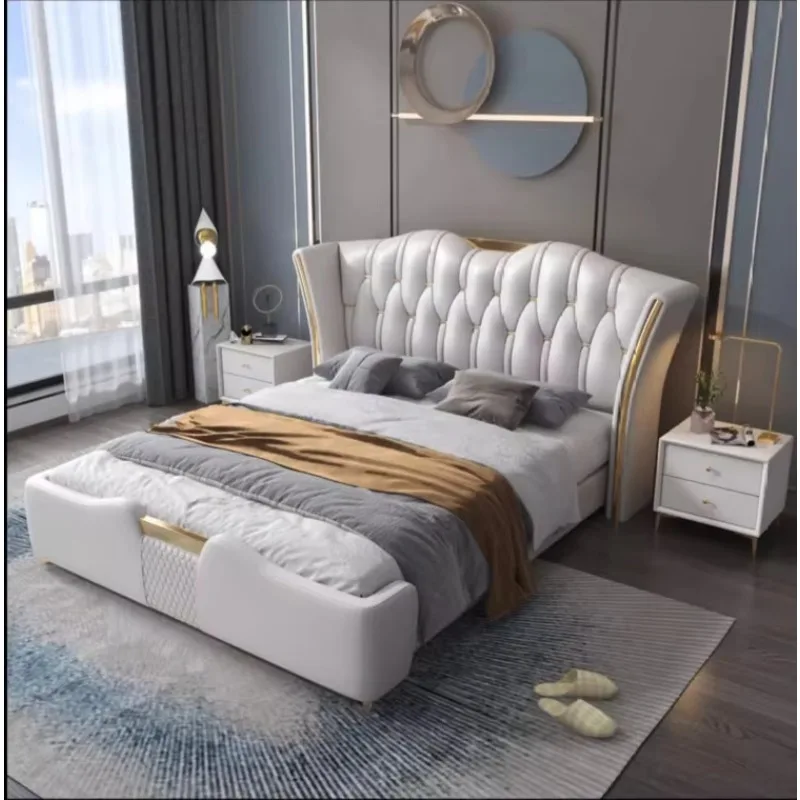 

Italian Design Modern King Size Storage Bed with Solid Wood Frame and Leather Upholstery
