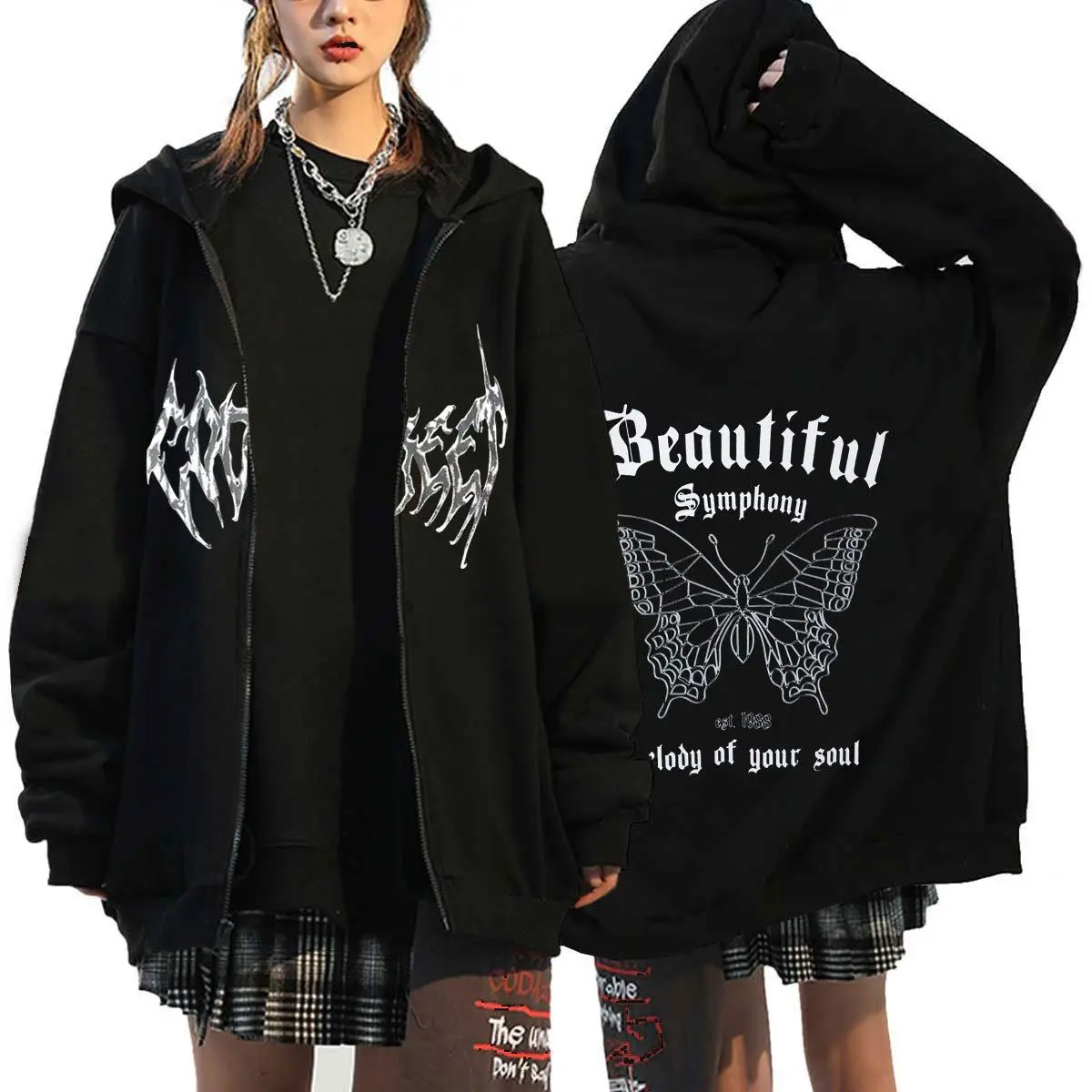 Ropa de calle Harajuku de los años 2000, sudaderas con cremallera para mujer, sudaderas informales Vintage ajustadas, abrigo de manga larga con estampado gótico elegante para invierno