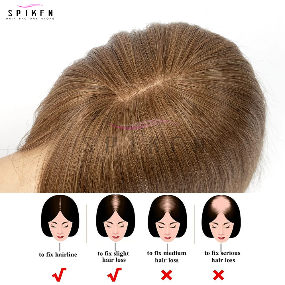 SPIKFN 8-14인치 천연 생머리 가발, 진짜 인모 탑퍼 8x12cm 통기성 헤어 베이스, 탈모 또는 앞머리 스타일링용