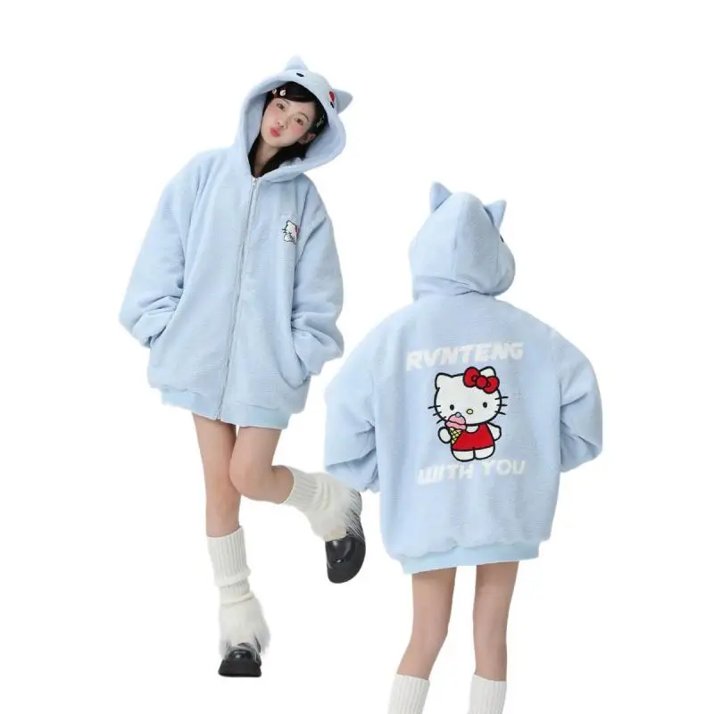 Original Cute Hello Kittys Lamb Wool Coat Kawaii Sanrioed Anime Cartoon Girl Polar Fleece Autumn Winter Warm Loose Cotton Coat