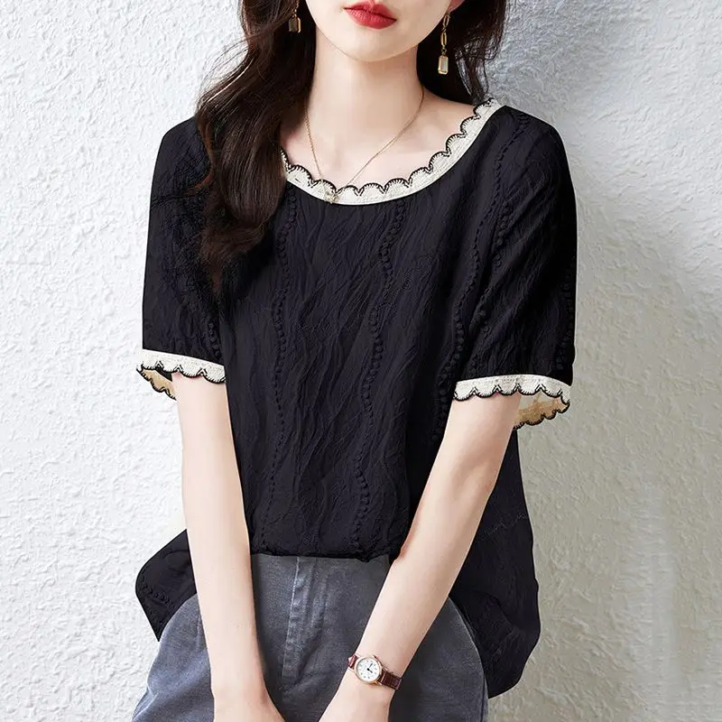 

Fashion O-Neck Spliced Ruffles Casual Blouse Female Clothing 2025 Summer New Korean Pullovers Tops Commute Shirt