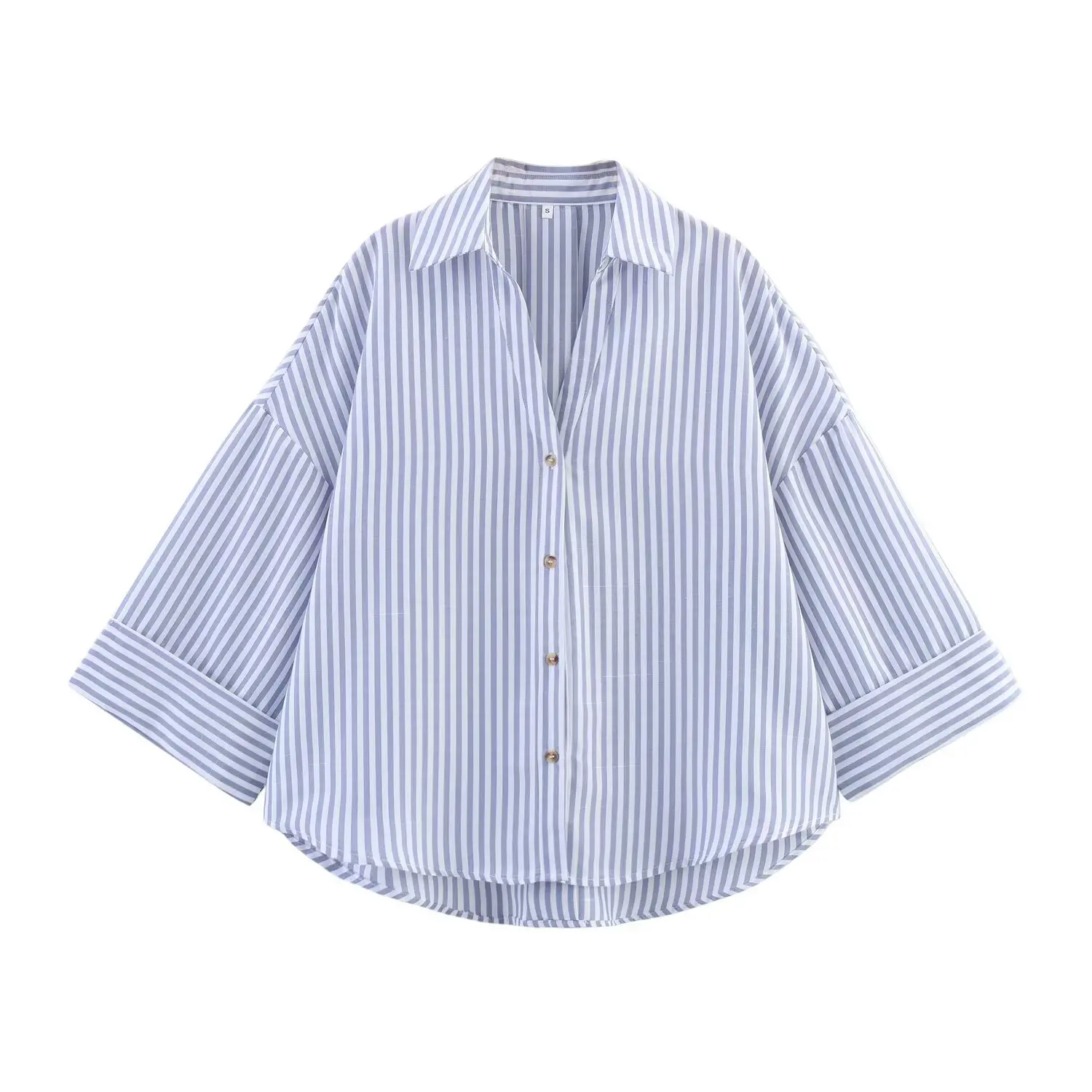 Summer Women's Curled Wide Sleeves Linen Blended Striped Asymmetric Casual Shirt Versatile Collar Linen Blended Printed Shirt image 3