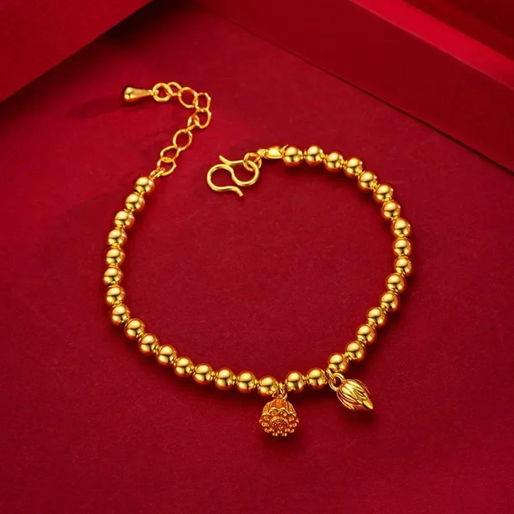 

High quality pure gold AU999 gold bracelet 24K real gold ladies good luck lotus bracelet goddess lotus pendant