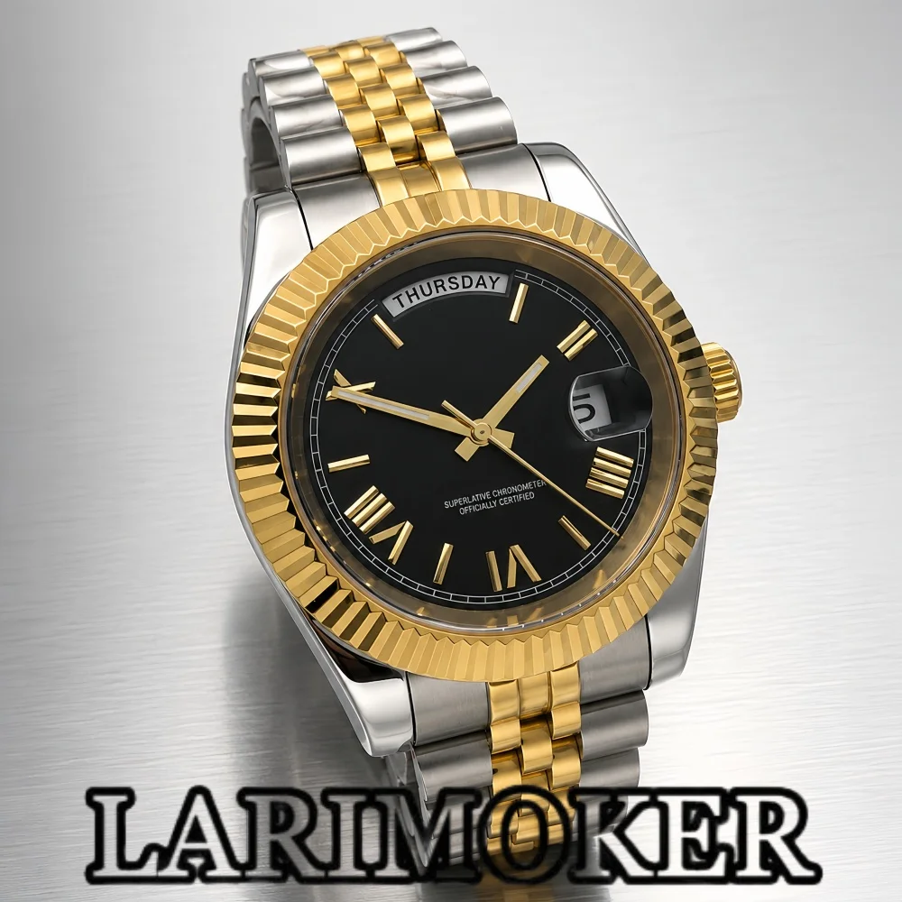 LARIMOKER 36mm 39mm Two-Tone Gold Men's Watch Miyota8285 Movement Roman Numeral Markers Textured Bezel Sapphire Glass Waterproof