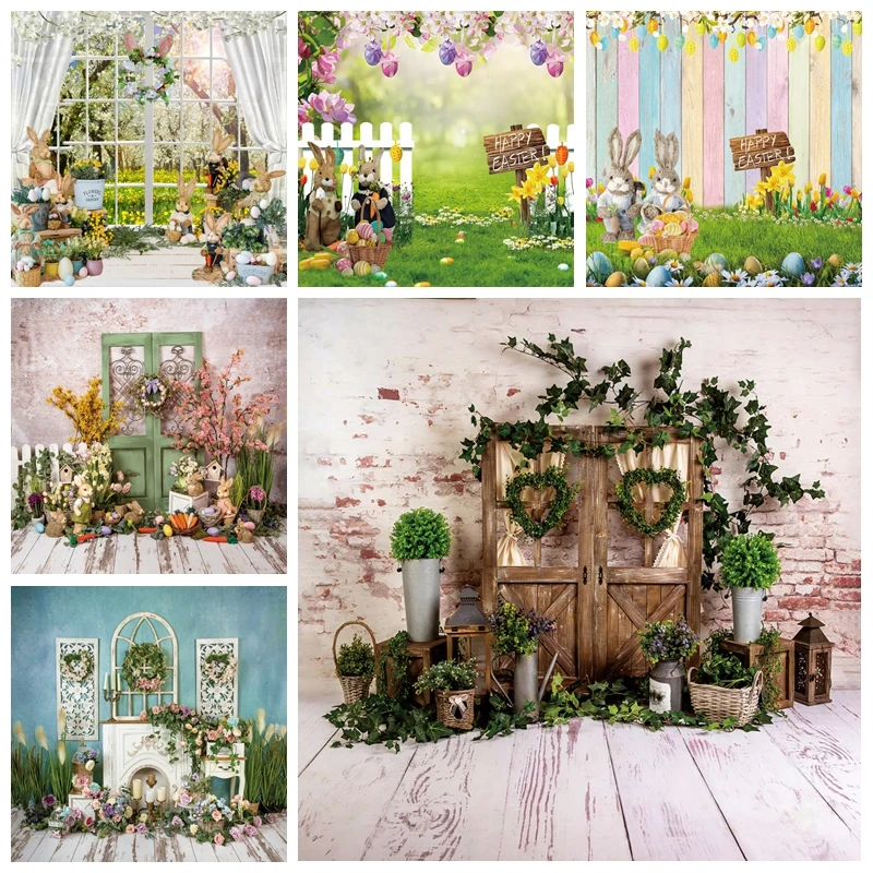 

Spring Easter Floral Backdrop Rabbit Eggs Fence Grass Background Easter Baby Shower Interior Decor Photocall Kids Portrait Props