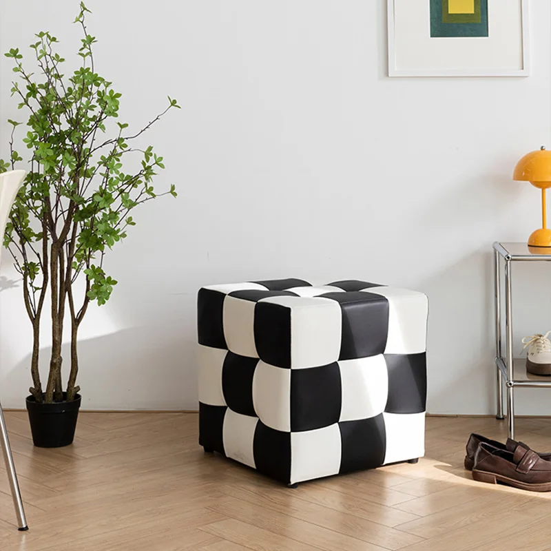 

MOMO Checkerboard Stool Changing Shoe Stool Home Door Sofa Stool Black And White Checkered Makeup Stool Dressing Stool Low Stool