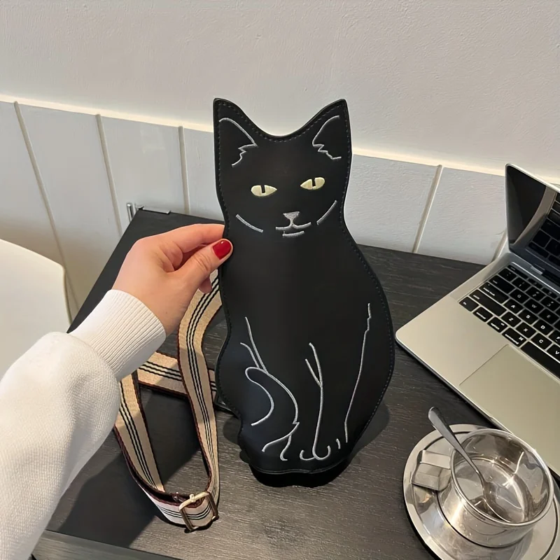 Outdoor-Reise Schwarze Katzenförmige Brusttasche Niedliche Cartoon-Anime-Umhängetasche Kunstleder Crossbody-Tasche – Detail 4