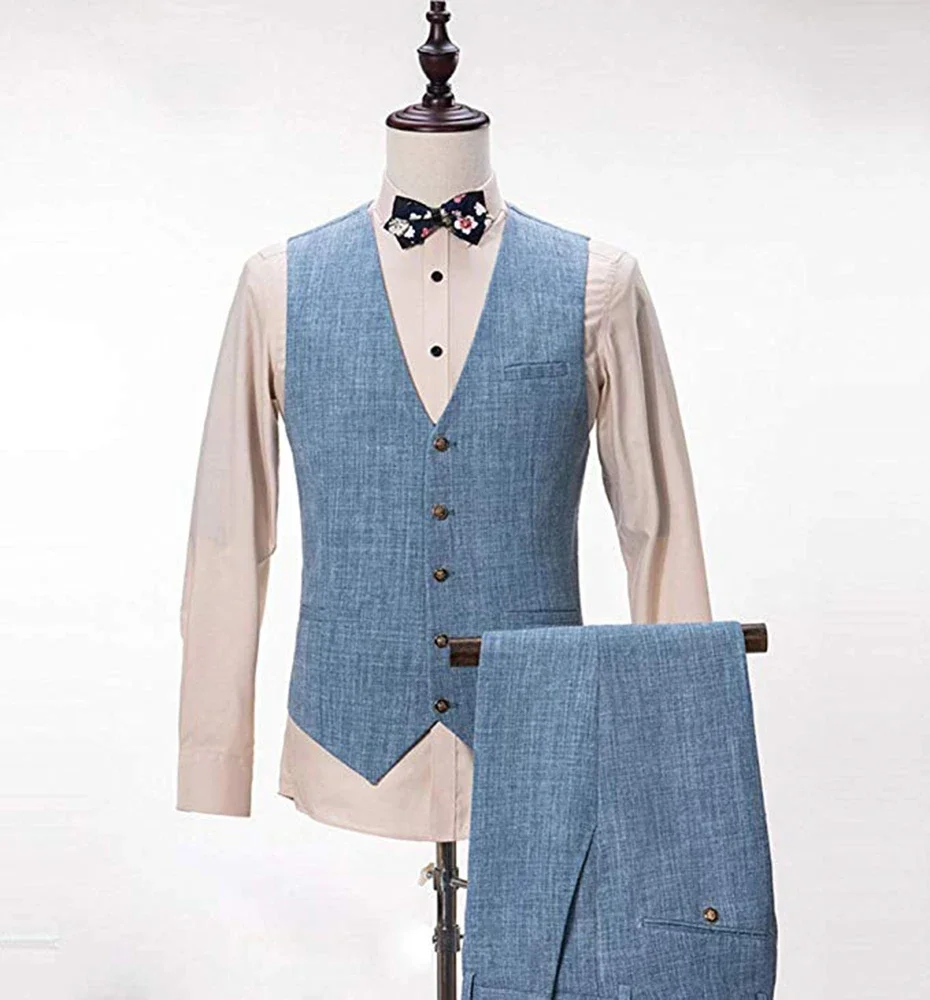 New Design Light Blue Linen Suit for Men 3 Pieces Formal Wedding Prom Set Slim Fit Jacket Best Man Tuxedos Costume Homme Suit