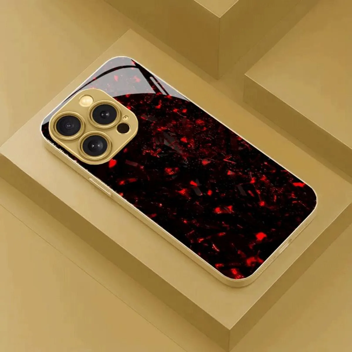 Black and red crystal gemstone pattern electroplated glass phone case, suitable for iPhone 17, 16, 15, 14, 13, 12, 11, etc.