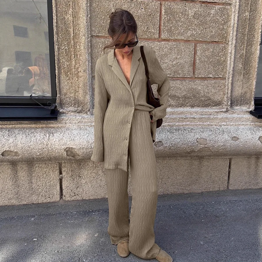 

Crinkled Autumn Women's 2 Piece Sets Lapel Collar Single Breasted Long Blouse For Female Elastic Waist Lady's Straight Trousers