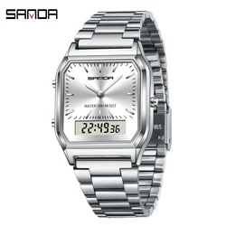 SANDA Men Watch Square Dial Stainless Steel Digital Wristwatch Neutral Wristwatch Waterproof Double Display Watches Date Clock