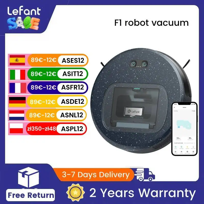 LEFANT F1 Robot Vacuum Cleaner with 5000Pa,28x6.8 cm Super Slim 250 Minutes Autonomy 600ml Visible Dust Container Ideal for Hair