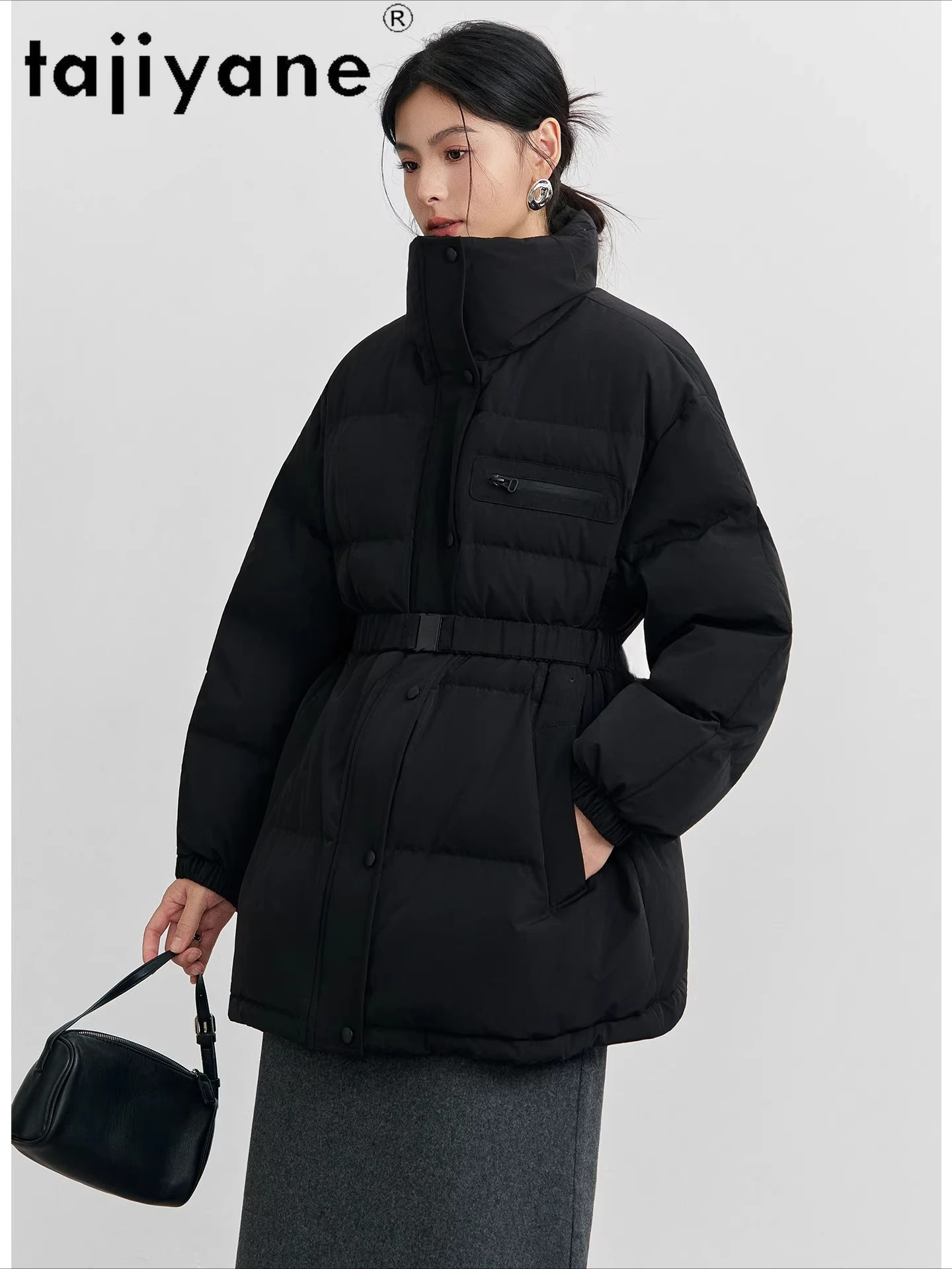 TAJIYANE 90% Goose Down Jacket Woman Stylish Belted Waist Down Coats Mid-Length Warm Puffer Jackets 2025 Winter Women Clothes 패딩