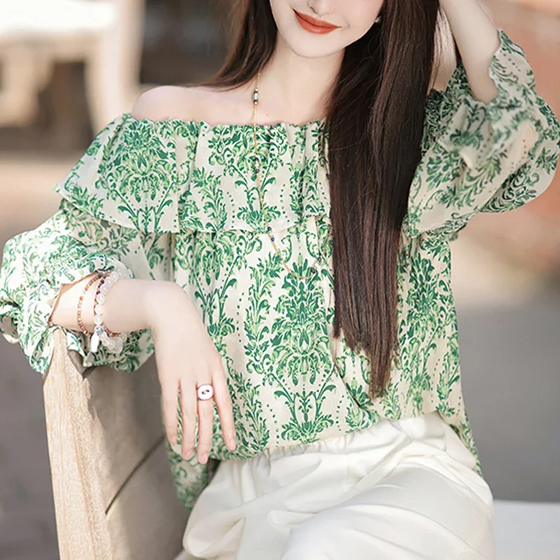 Ruffles Shirt Women 2024 Summer New Sweet Slash Neck Off Shoulder Tops Print Blouse Butterfly Sleeve Green Loose Clothes 27766