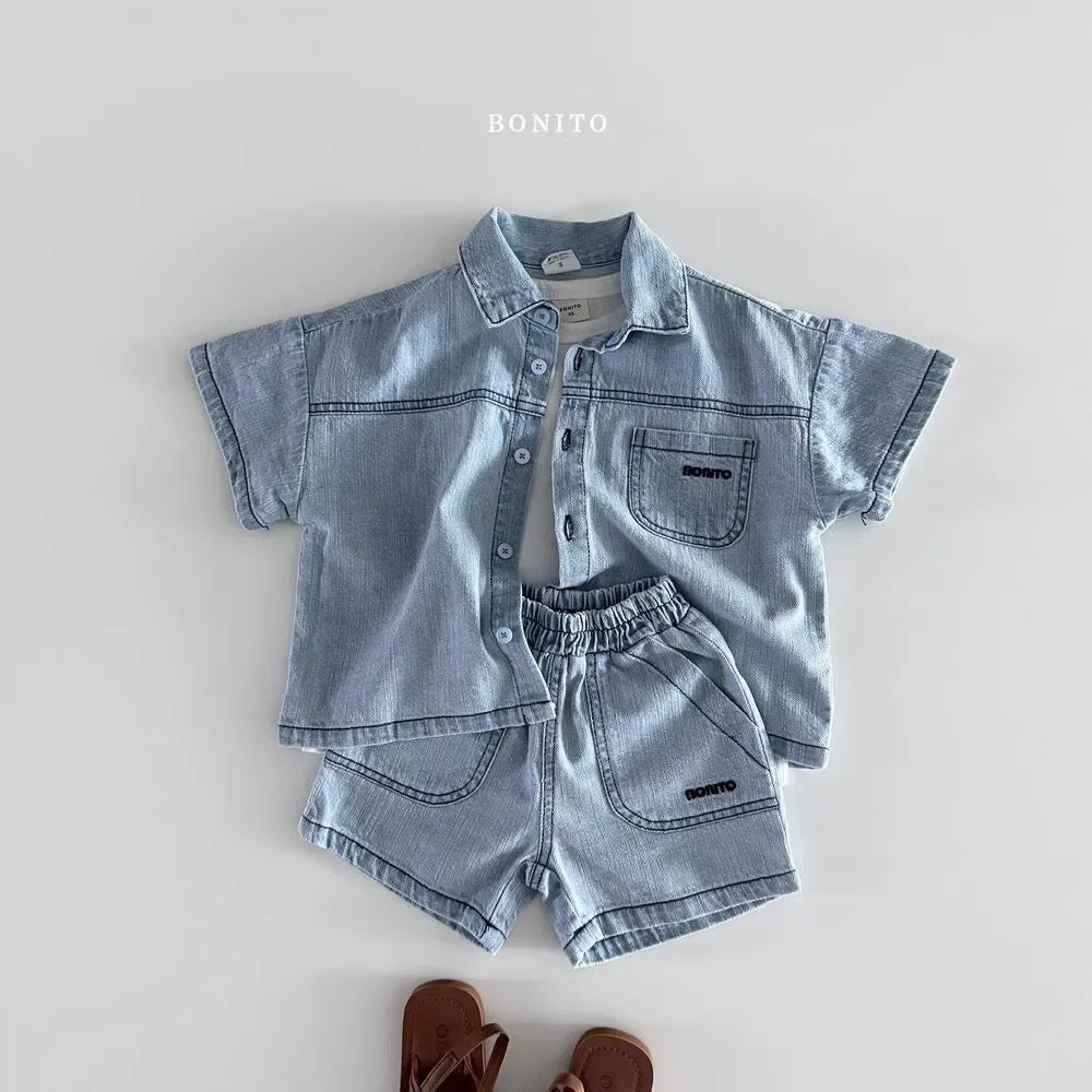 

Baby Boys Summer Fashion Set Short Sleeve Denim Shirt And Shorts Two-Piece Outfit for Children 2026 New