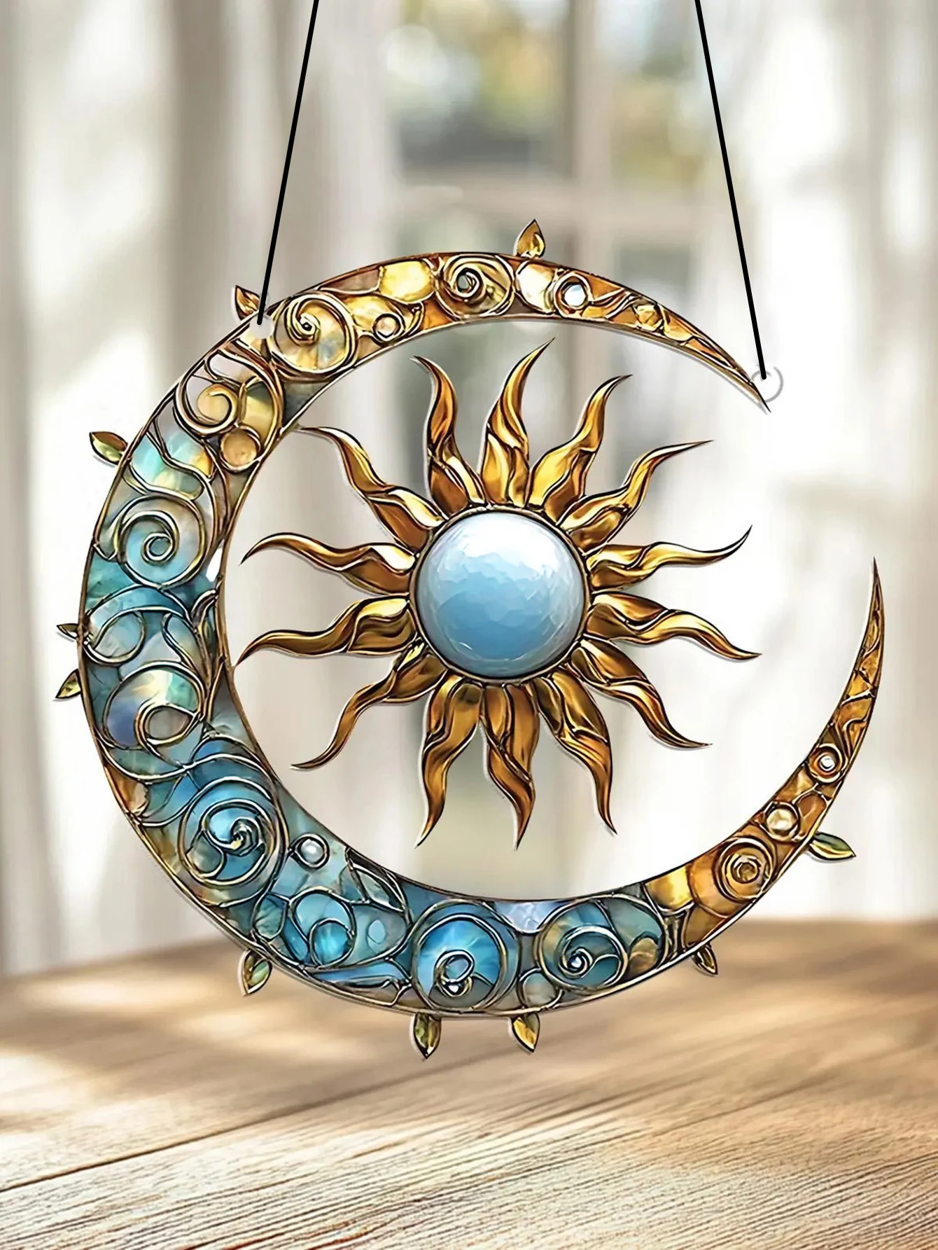 Boho Acrylic Crescent Moon and Sun Hanging Ornament with Leaves Vines Design Solar Lunar Suncatcher Window Hanging Decor Pendant