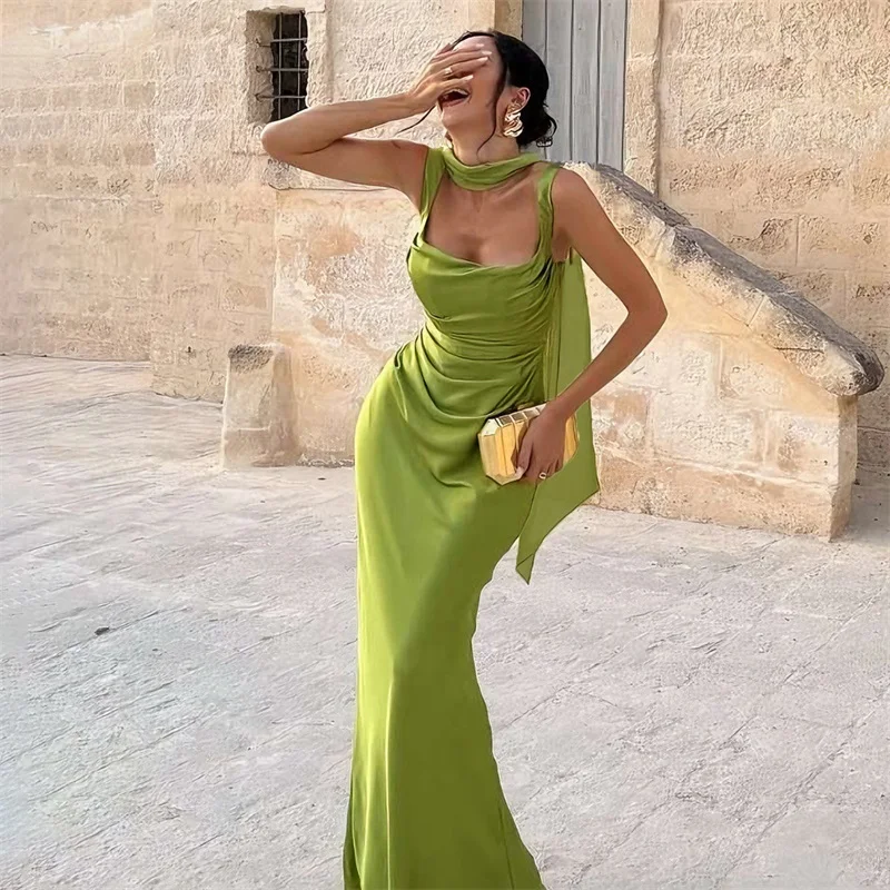 

Green Satin Prom Dress With Scarf Sexy Stripe Sleeveless Long Mermaid Party Gown Formal Wedding Guest Birthday Evening Robe