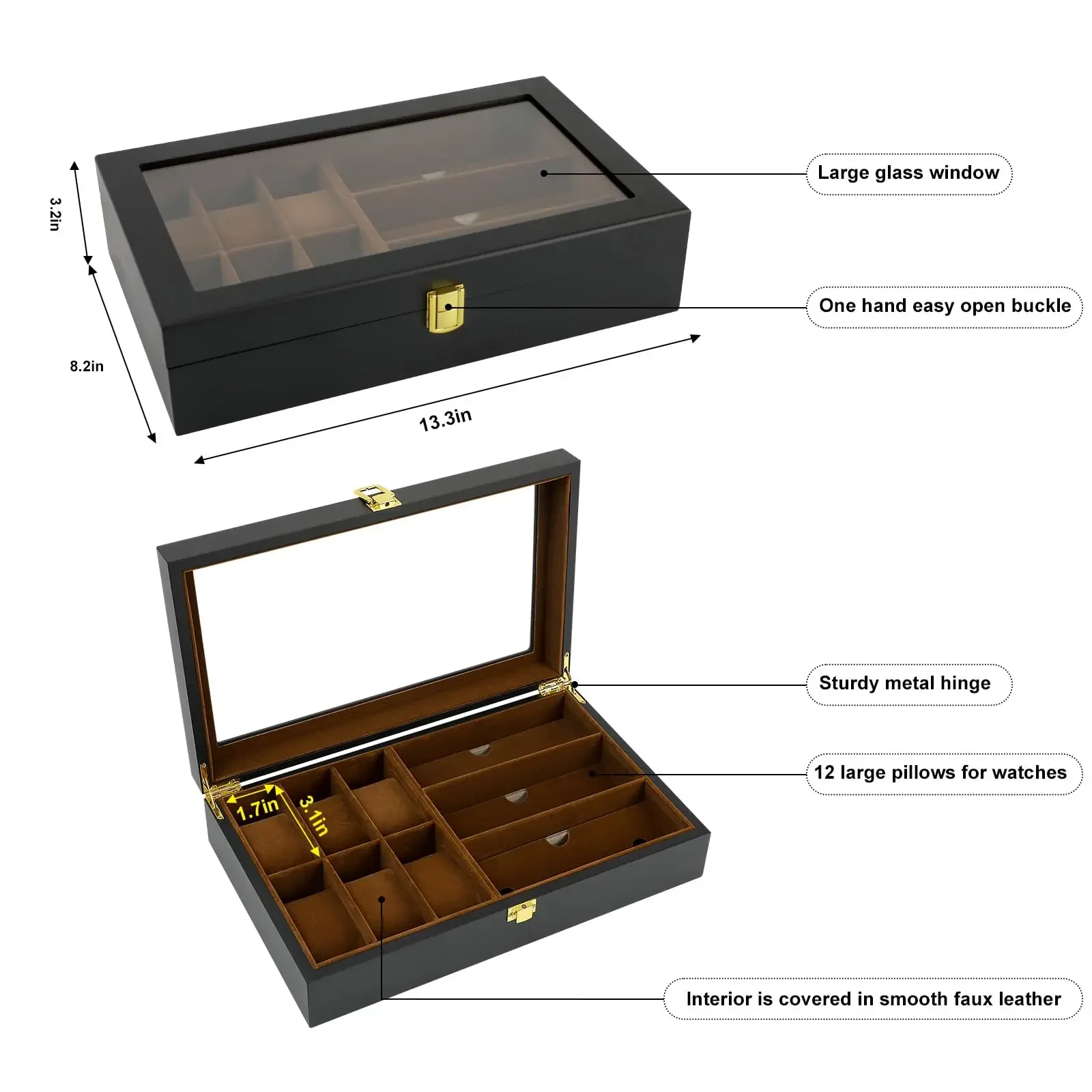 Watch Organizer Box,6 Watch 3 Slots Sunglasses Wooden Watch Organizer Box with Real Glass Top,Perfect Gifts for Family or Friend image 2