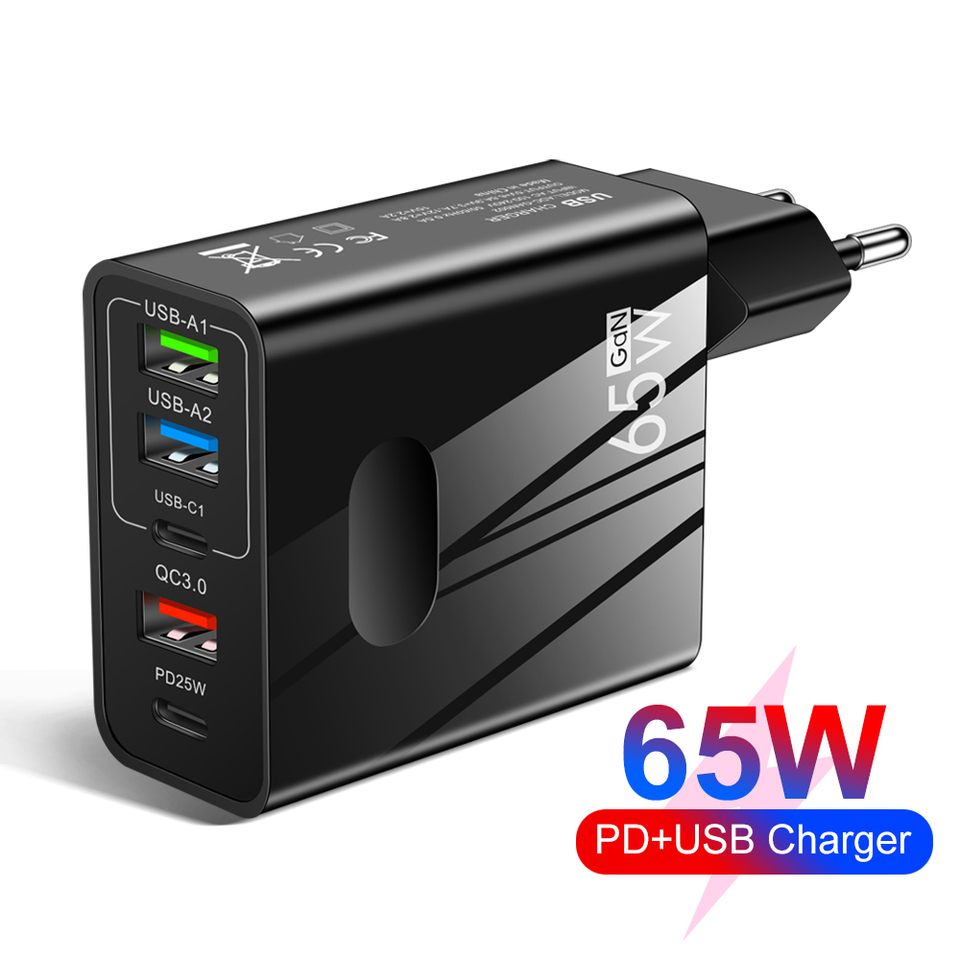  65W GaN USB C Fast Charger 5-Ports QC3.0 Wall Charger 3.1A Quick Charging Travel Adapter for iPhone Samsung Xiaomi EU/US/UK Plug 