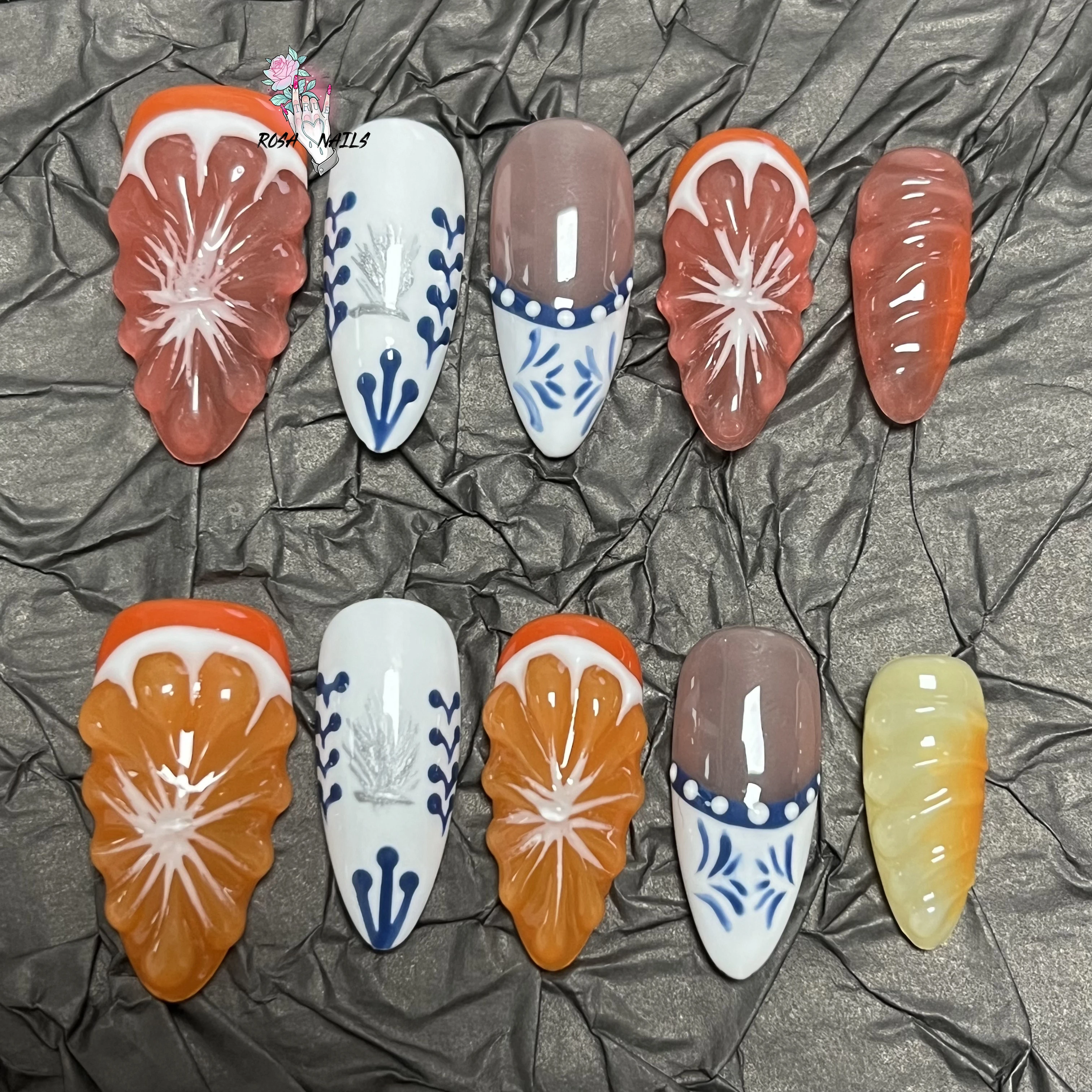 

3D оранжевый дизайн, ручная работа, накладные ногти, 10 шт., синие накладные ногти с ручным принтом, полное покрытие, миндалевидный маникюр, советы, дизайн ногтей на лето