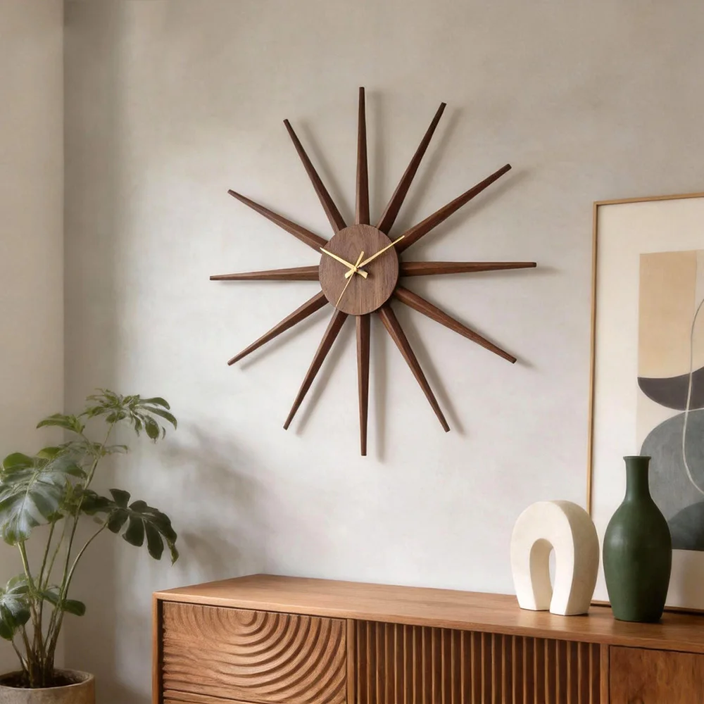 Modern Wood Sun Wall Clock Wall Watch Interior Silent Elegant Decorative Clocks Minimalist Luxury Aesthetic Living Room Watches