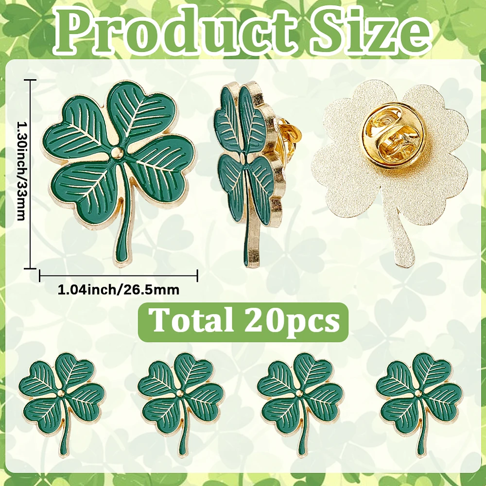 1Box 20pcs St. Patrick's Day Clover Green Pins Four Leaf Clover Pins Alloy Good Luck Clover Lapel Pin Brooches Badge Irish Lucky