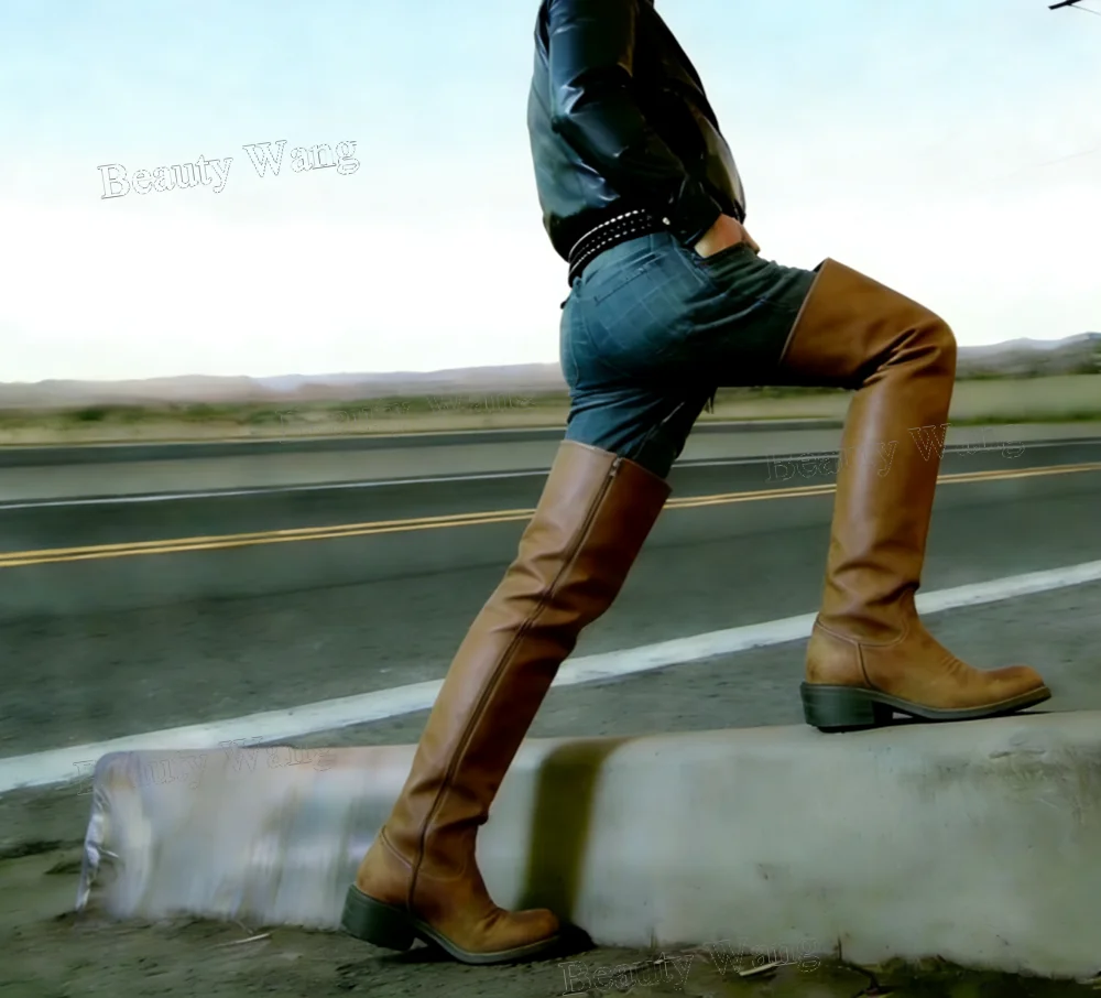 

Коричневые мужские высокие ботинки до бедра с боковой молнией, из мягкой кожи, с круглым носком, высокие туфли для мужчин, обувь для мужчин