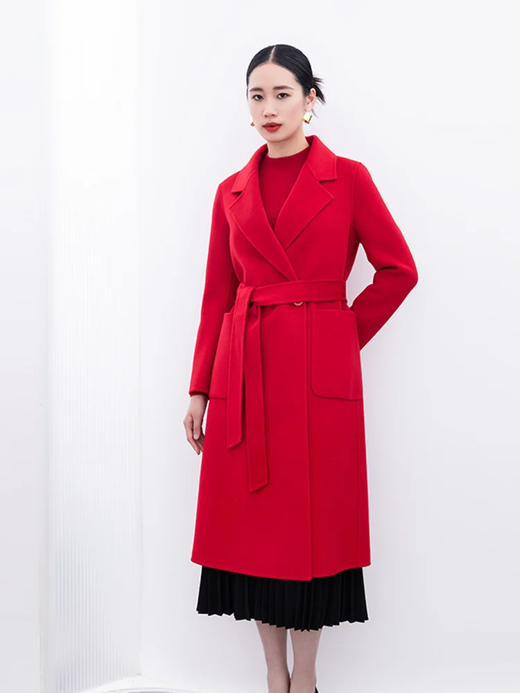 

Красное двустороннее шерстяное пальто для женщин, длинный костюм с воротником на талии и поясом, прямой крой