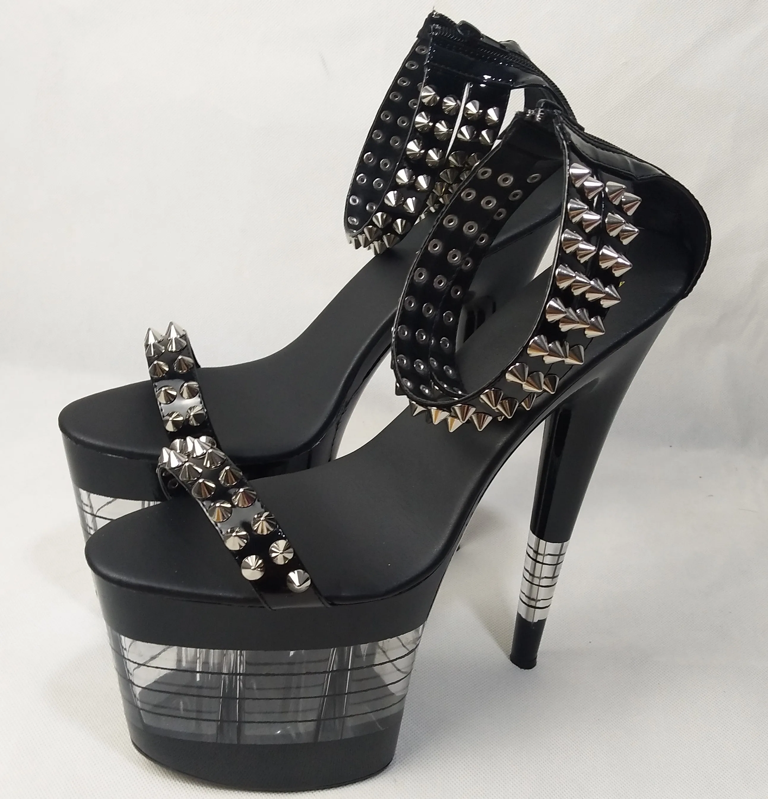 

8-inch 20cm, black lacquered chic wedding heels, riveted sandals striped platform dance shoes