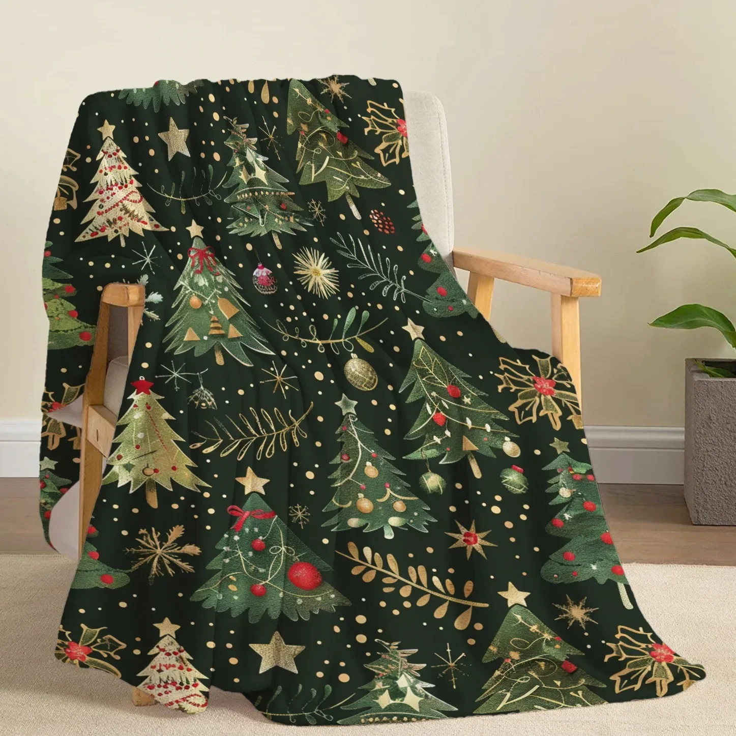 1 Stück Weihnachts-Flanelldecke, Schneeflocke, Weihnachtsbaum, grüne Atmosphäre, hellrote Frucht-Flanelldecke, die Glück bringt